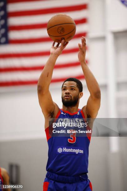 Cassius Stanley of the Motor City Cruise shoots a free throw on Thursday, March 3, 2022 at Wayne State Fieldhouse in Detroit, Michigan. NOTE TO USER:...