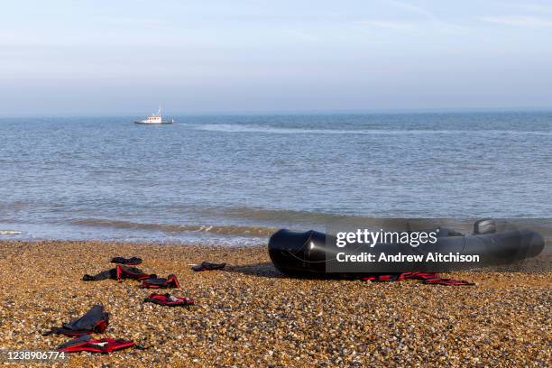 The one time rib used for first beach landing for 2022 of Asylum Seekers which landed on Dungeness beach today, they were greeted by armed officers...