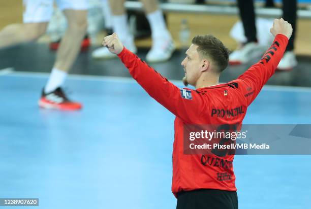 Goalkeeper Dario Quenstedt of Kiel reacts during EHF Champions League Men Group Group A match between HC PPD Zagreb and THW Kiel at Arena Zagreb on...