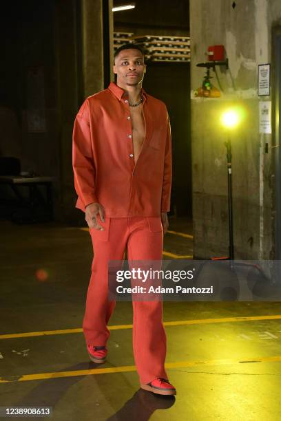 Russell Westbrook of the Los Angeles Lakers arrives to the arena prior to the game against the LA Clippers on March 3, 2022 at Crypto.Com Arena in...