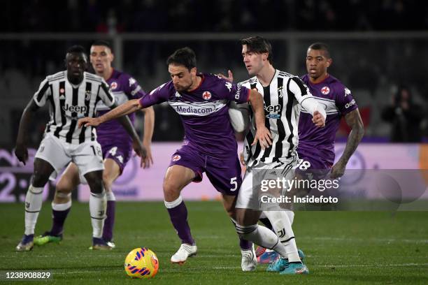 Giacomo Bonaventura of ACF Fiorentina and Dusan Vlahovic of Juventus FC during the Italy cup semifinal football match between ACF Fiorentina and...