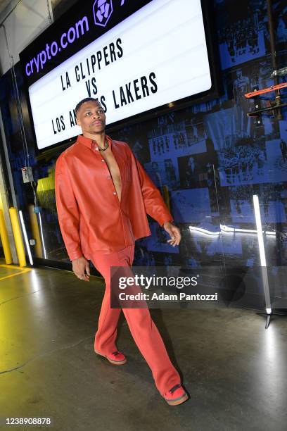 Russell Westbrook of the Los Angeles Lakers arrives to the arena prior to the game against the LA Clippers on March 3, 2022 at Crypto.Com Arena in...