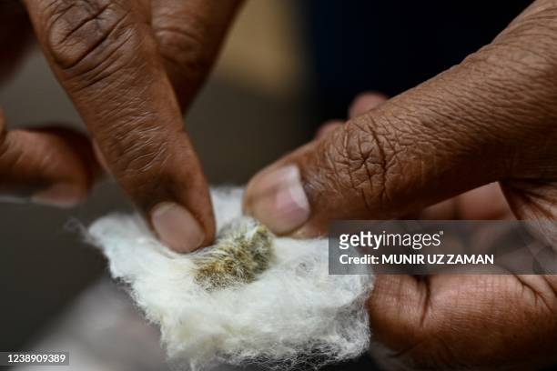 This picture taken on January 9, 2022 shows Ayub Ali, a senior government official helping shepherd the Dhaka muslin revival project, displaying a...