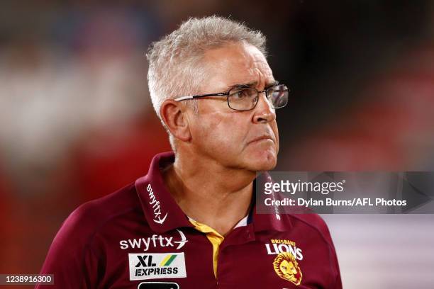 Chris Fagan, Senior Coach of the Lions looks on during the 2022 AFL Community Series match between the Western Bulldogs and the Brisbane Lions at...