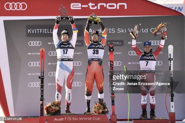 Niels Hintermann of Team Switzerland takes 1st place, Cameron Alexander of Team Canada takes 1st place, Matthias Mayer of team Austria takes 3rd...