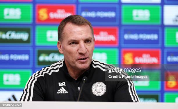 Leicester City Manager Brendan Rodgers during the Leicester City press conference at Leicester City Training Ground, Seagrave on March 04th, 2022 in...