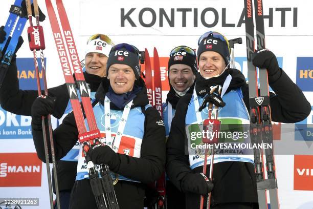 Team Norway celebrates winning the men's 4x7,5 km relay competition of the IBU World Cup Biathlon event in Kontiolahti, Finland on March 4, 2022. -...