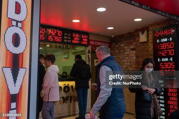 Exchange offices in Istanbul, Turkey, on March 4, 2022. Turkish economy has been affected by the war between Russia and Ukraine, and the Turkish lira...