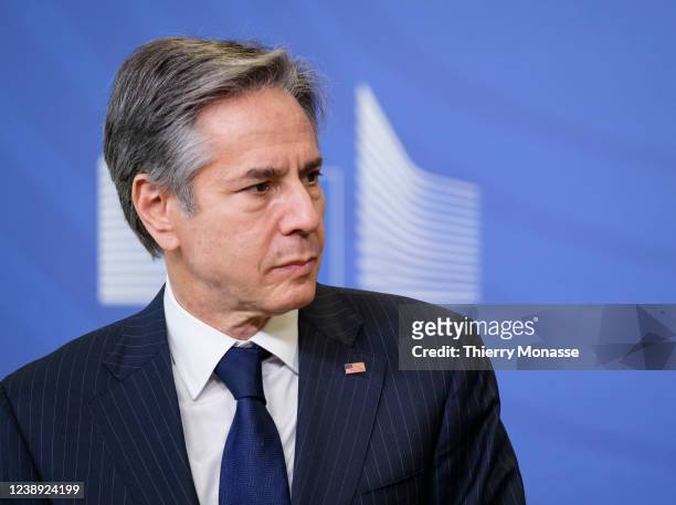 United States Secretary of State Antony Blinken is welcomed by the EU Commission's President prior a bilateral meeting in the Berlaymont, the EU...