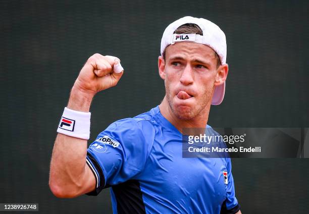 Diego Schwartzman of Argentina celebrates after winning point in his singles match against Tomas Machac of Czech Republic during the 2022 Davis Cup...