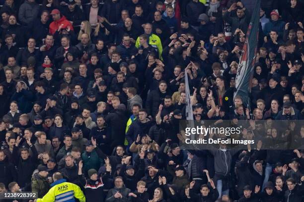 Fans of AZ looks on prior to the KNVB Cup semi final match between AZ Alkmaar and Ajax Amsterdam at AFAS Stadion on March 3, 2022 in Alkmaar,...
