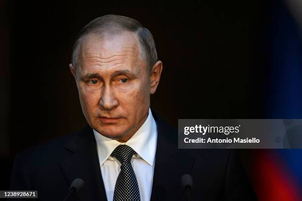 President of Russia Vladimir Putin and Italian Prime Minister Giuseppe Conte attend a joint press conference after their meeting at the Palazzo...