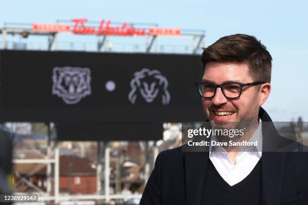 Kyle Dubas, General Manager of of the Toronto Maple Leafs speaks to the media in preparation for the upcoming 2022 Tim Hortons NHL Heritage Classic...