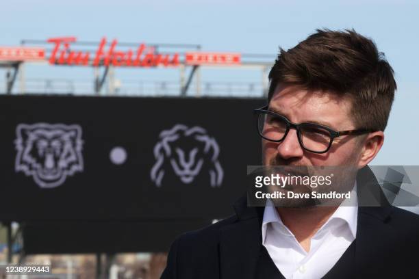Kyle Dubas, General Manager of of the Toronto Maple Leafs speaks to the media in preparation for the upcoming 2022 Tim Hortons NHL Heritage Classic...