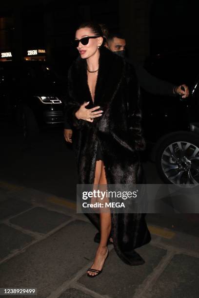 Hailey Bieber is seen leaving her hotel on March 4, 2022 in Paris, France.