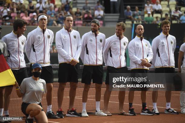 Germany´s team members line up before a Davis Cup tennis match against Brazil at the Rio 2016 Olympic Park tennis arena in Rio de Janeiro, Brazil, on...