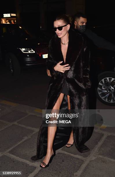 Hailey Bieber is seen leaving her hotel on March 4, 2022 in Paris, France.