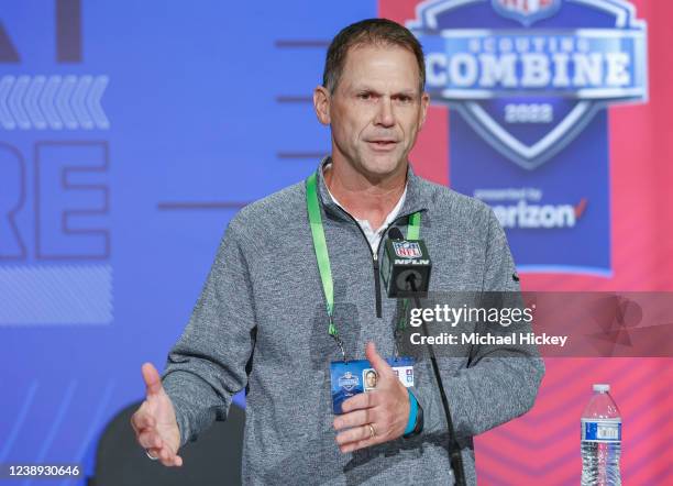 Trent Baalke, general manager of the Jacksonville Jaguars speaks to reporters during the NFL Draft Combine at the Indiana Convention Center on March...