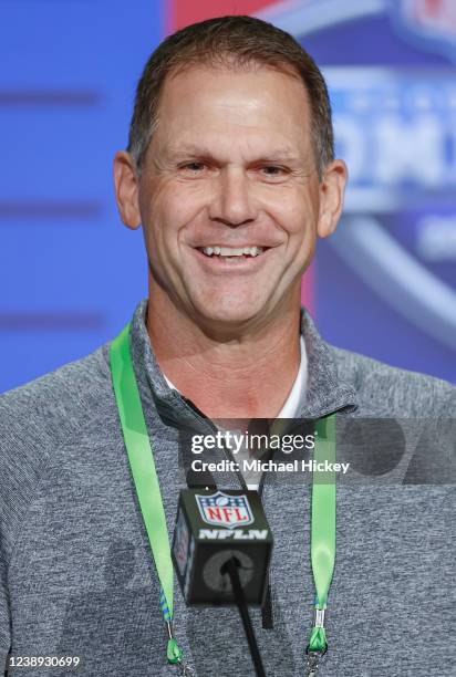 Trent Baalke, general manager of the Jacksonville Jaguars speaks to reporters during the NFL Draft Combine at the Indiana Convention Center on March...