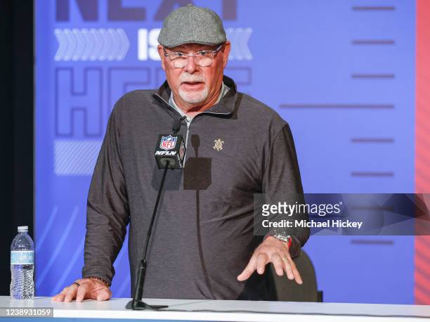 Bruce Arians, head coach of the Tampa Bay Buccaneers speaks to reporters during the NFL Draft Combine at the Indiana Convention Center on March 1,...