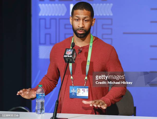 Andrew Berry, general manager of the Cleveland Browns speaks to reporters during the NFL Draft Combine at the Indiana Convention Center on March 1,...