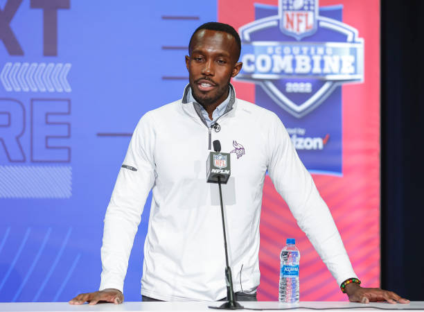 Kwesi Adolfo-Mensah, general manager of the Minnesota Vikings speaks to reporters during the NFL Draft Combine at the Indiana Convention Center on...