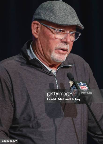 Bruce Arians, head coach of the Tampa Bay Buccaneers speaks to reporters during the NFL Draft Combine at the Indiana Convention Center on March 1,...