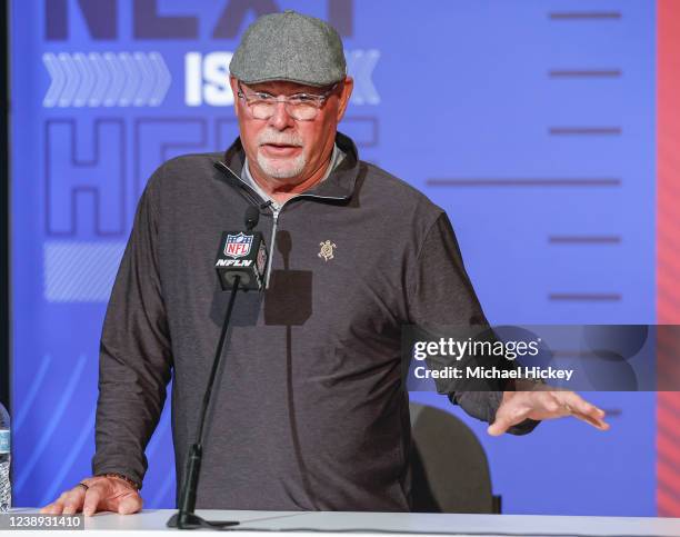 Bruce Arians, head coach of the Tampa Bay Buccaneers speaks to reporters during the NFL Draft Combine at the Indiana Convention Center on March 1,...