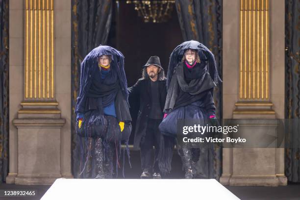 Yohji Yamamoto walks the runway during the Yohji Yamamoto Womenswear Fall/Winter 2022-2023 show as part of Paris Fashion Week on March 4, 2022 in...