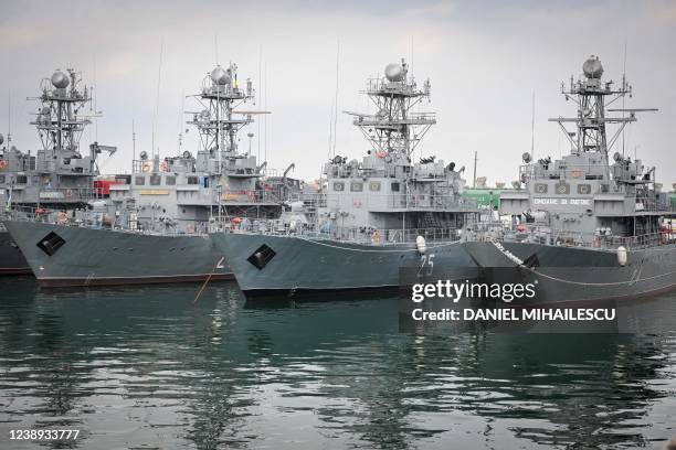 Romanian military vessels docked at the military harbour of Constanta are pictured on March 4, 2022. In the military port of Constanta, the Romanian...