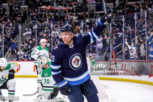 Paul Stastny of the Winnipeg Jets celebrates after scoring a second period goal against the Dallas Stars at the Canada Life Centre on March 4, 2022...
