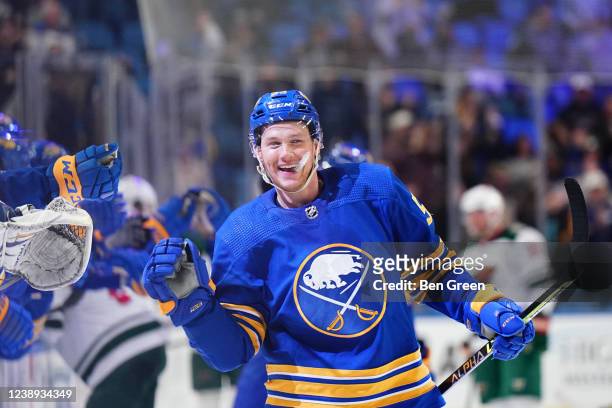 Jeff Skinner of the Buffalo Sabres celebrates his second goal of the third period during an NHL game against the Minnesota Wild on March 04, 2021 at...