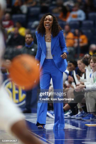 Kentucky Wildcats head coach Kyra Elzy yells encouragement to her team from the sideline during a third round game of the SEC Womens Basketball...