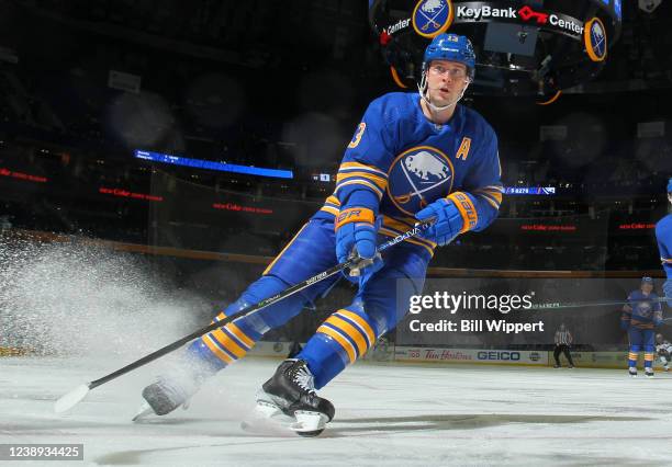 Mark Pysyk of the Buffalo Sabres skates against against the Minnesota Wild during an NHL game on March 4, 2022 at KeyBank Center in Buffalo, New York.