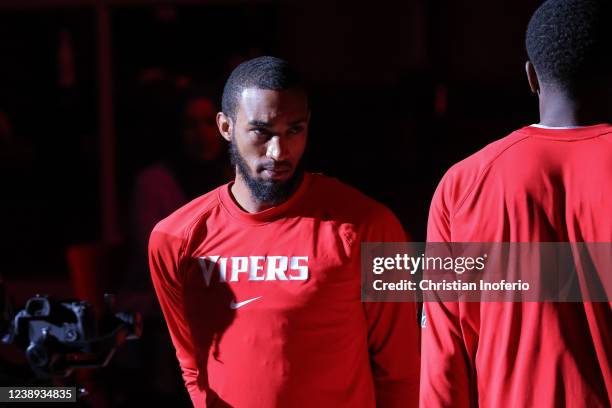 Terrance Ferguson of the Rio Grande Valley Vipers is introduced prior to the start of the NBA G-League against the South Bay Lakers during an NBA...