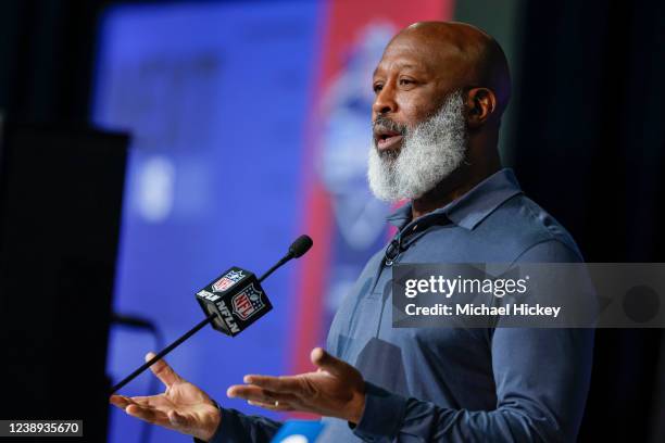 Head coach, Lovie Smith of the Houston Texans speaks to reporters during the NFL Draft Combine at the Indiana Convention Center on March 2, 2022 in...