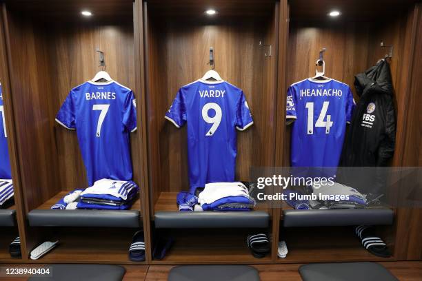 Harvey Barnes of Leicester City, Jamie Vardy of Leicester City and Kelechi Iheanacho of Leicester Citys kit is hung in the home dressing room at King...