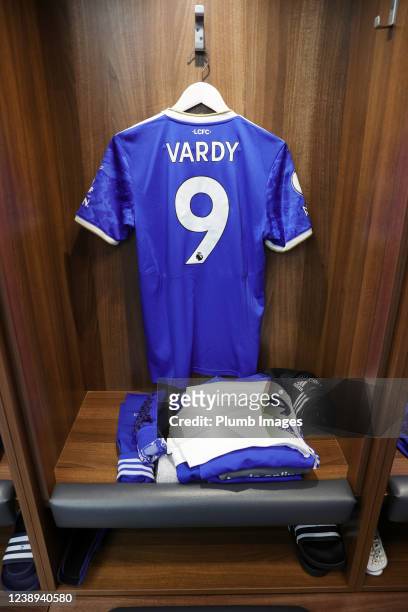 Jamie Vardy of Leicester Citys kit is hung in the home dressing room at King Power Stadium ahead of the Premier League match between Leicester City...