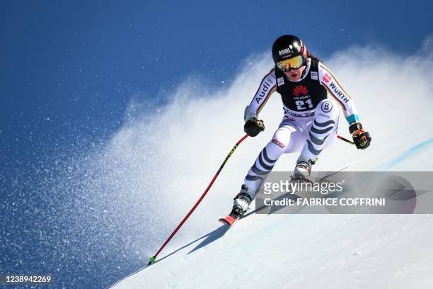 Germany's Kira Weidle competes in the Women's Super-G event at the FIS Alpine Ski World Cup in Lenzerheide, on March 5, 2022.
