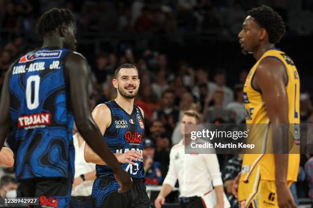 Chris Goulding of United smiles after their win during the round 14 NBL match between Melbourne United and Brisbane Bullets at John Cain Arena on...