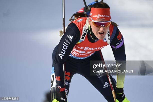 Germany's Denise Herrmann competes during the women's 7,5km Sprint competition of the IBU World Cup Biathlon event in Kontiolahti, Finland on March...