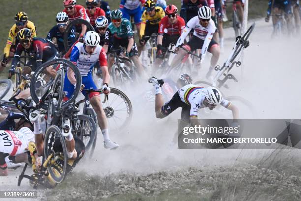 QuickStep - AlphaVinyl French rider Julian Alaphilippe falls during the 16th one-day classic cycling race Strade Bianche , 184 km between Siena and...