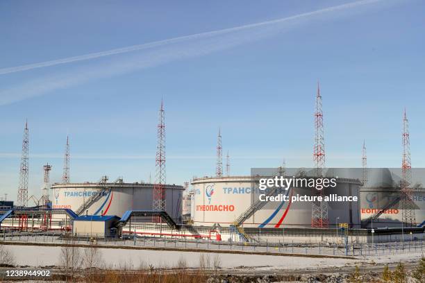 March 2022, Russia, Ust-Luga: Tanks belonging to Transneft, a Russian state-owned company that operates the country's oil pipelines, at the Ust-Luga...