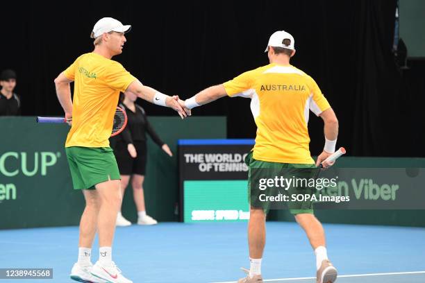 Luke Saville and John Peers seen during the 2022 Davis Cup Qualifying Round match against Mate Valkusz and Fabian Marozsan of Hungary at Ken Rosewell...