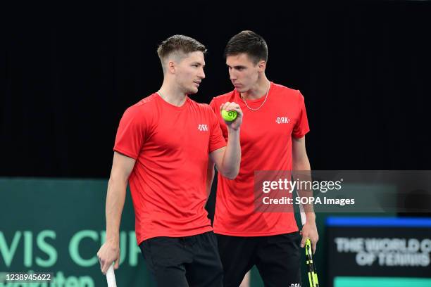 Mate Valkusz and Fabian Marozsan of Hungary seen during the 2022 Davis Cup Qualifying Round match against Luke Saville and John Peers of Australia at...