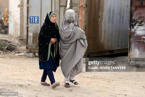 Burqa-clad woman and a girl walk along a street in Kandahar on March 5, 2022.