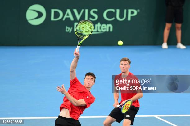 Fabian Marozsan and Mate Valkusz of Hungary seen during the 2022 Davis Cup Qualifying Round match against Luke Saville and John Peers of Australia at...