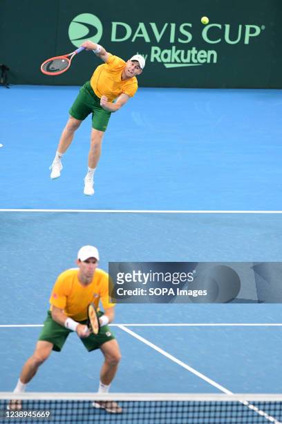 Luke Saville and John Peers seen during the 2022 Davis Cup Qualifying Round match against Mate Valkusz and Fabian Marozsan of Hungary at Ken Rosewell...