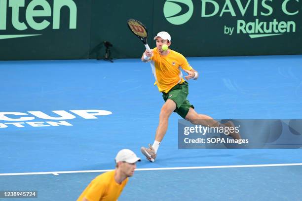 Luke Saville and John Peers seen during the 2022 Davis Cup Qualifying Round match against Mate Valkusz and Fabian Marozsan of Hungary at Ken Rosewell...