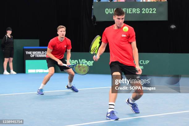 Mate Valkusz and Fabian Marozsan of Hungary seen during the 2022 Davis Cup Qualifying Round match against Luke Saville and John Peers of Australia at...